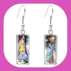 Unique Super Adorable Alice in Wonderland Alice & Cheshire Cat Portrait Earrings